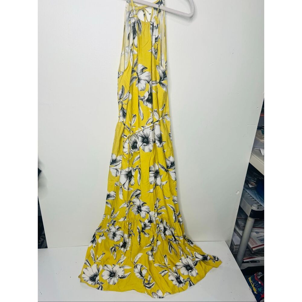 Banana Republic Yellow Black White Tropical Floral Maxi Dress Halter Neck Sundre